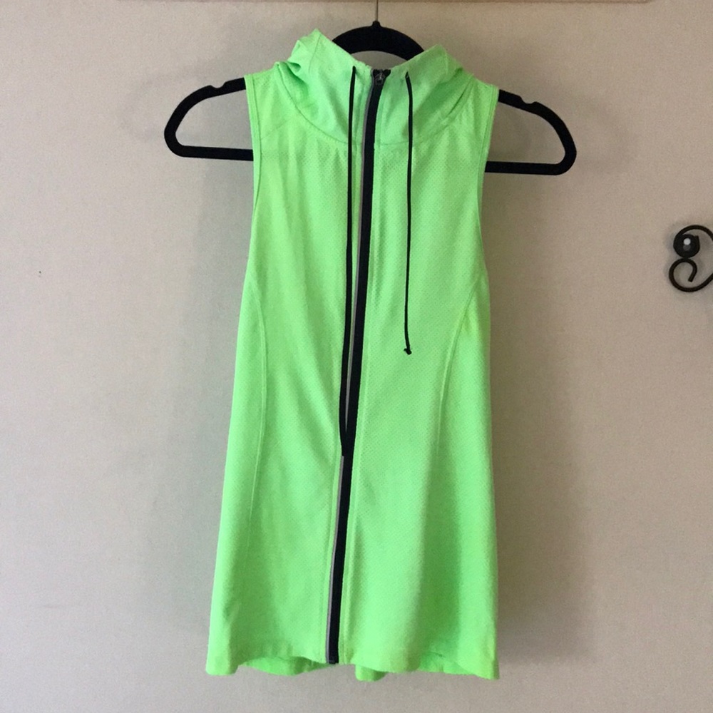 Neon green 90 degrees sleeveless hooded vest